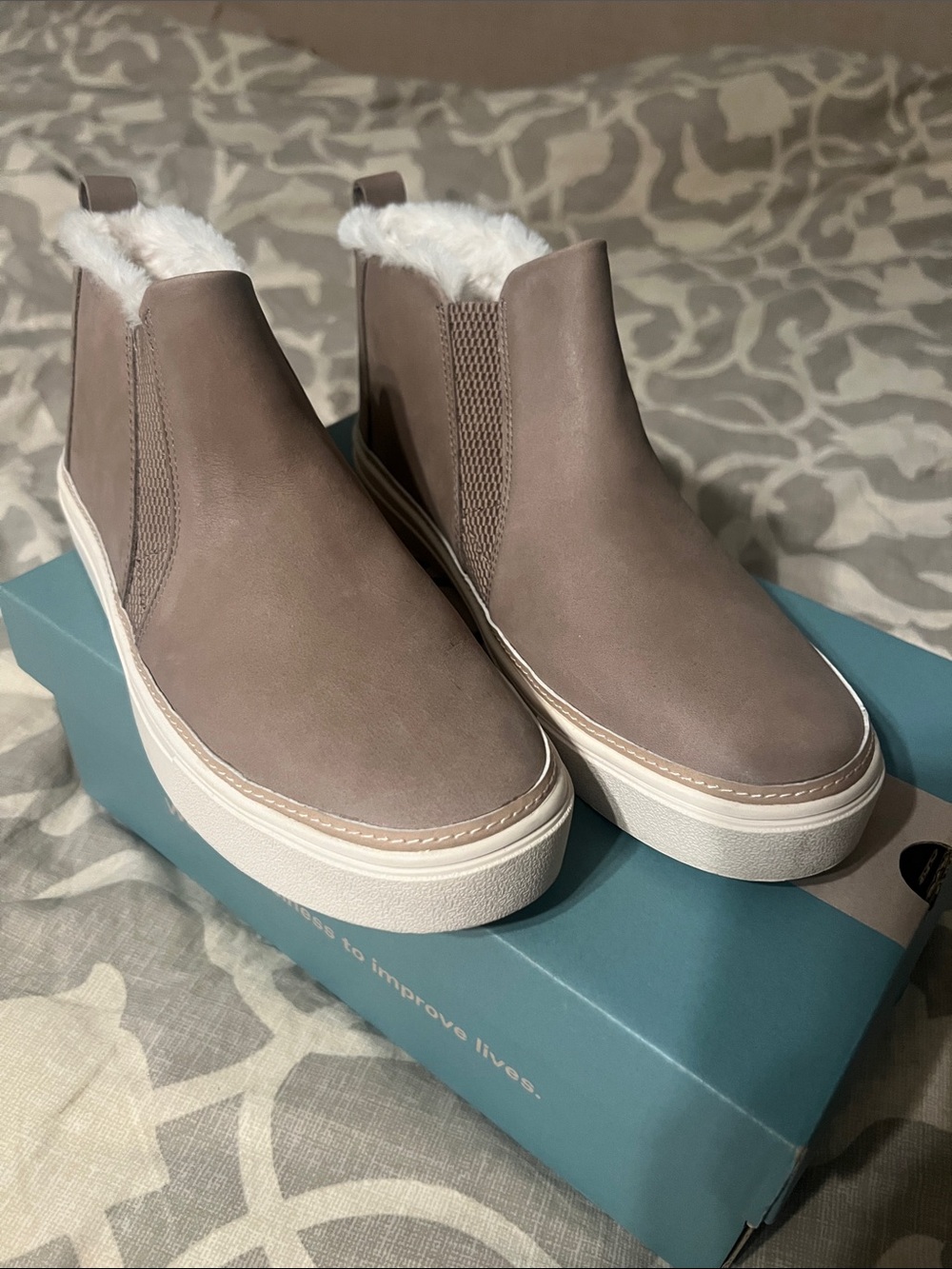 Toms Taupe Faux Fur Lined Slip-On Ankle Booties